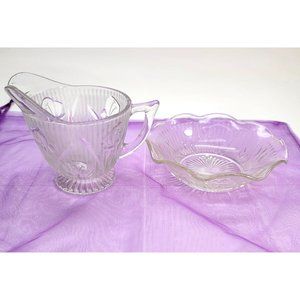 Jeanette Glass Iris Creamer and Sugar Bowl Depression Era Vintage Clear PR610